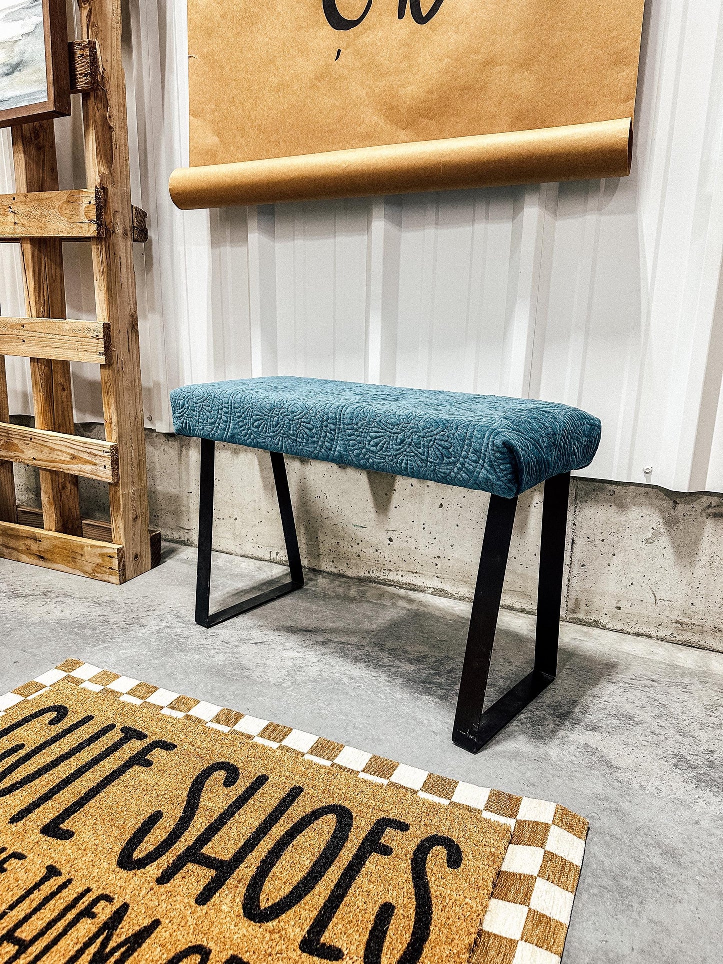 Velvet Blue Bench | Ottoman | Vanity Bench | Trapezoid Steel Legs