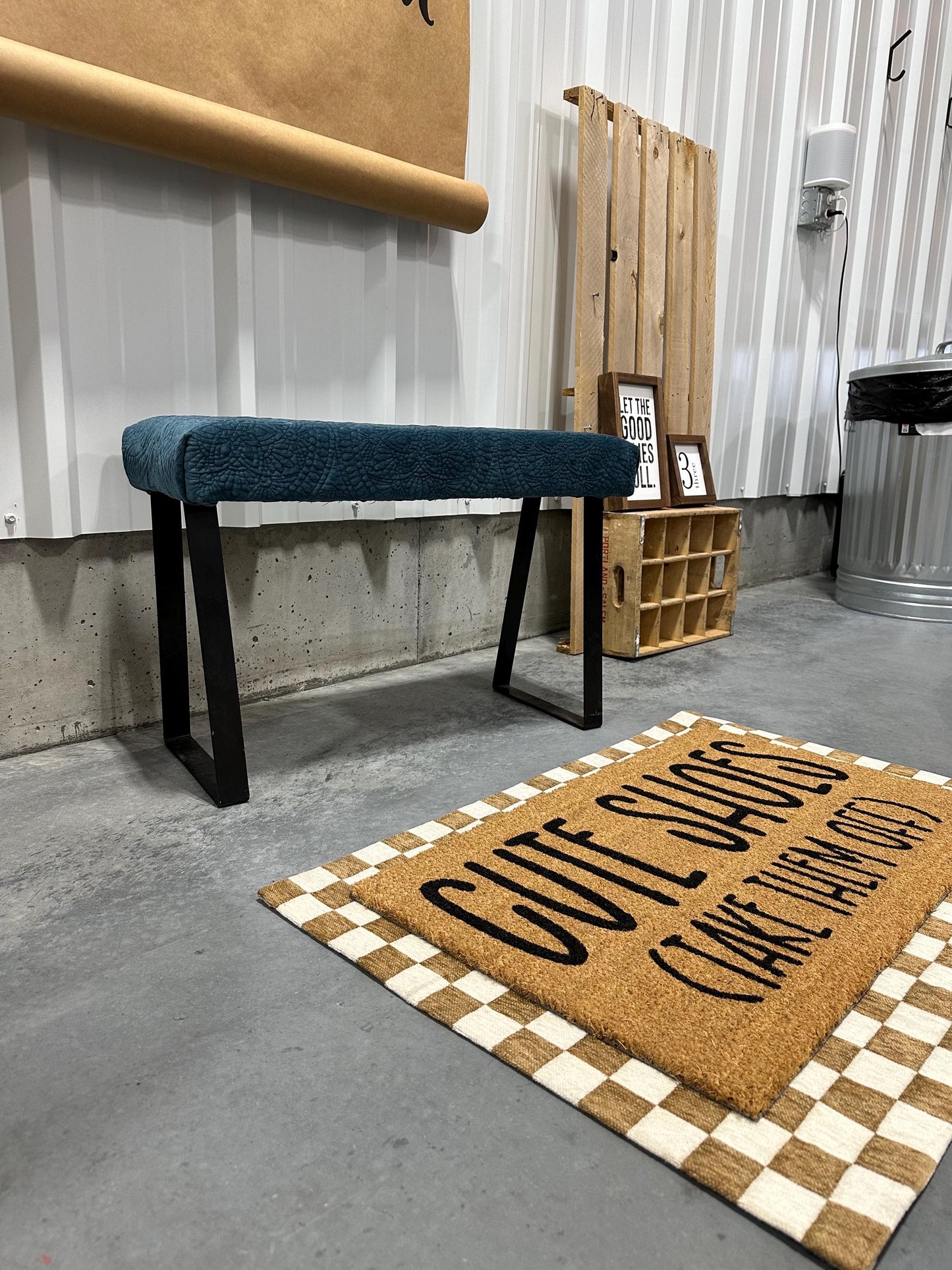 Velvet Blue Bench | Ottoman | Vanity Bench | Trapezoid Steel Legs