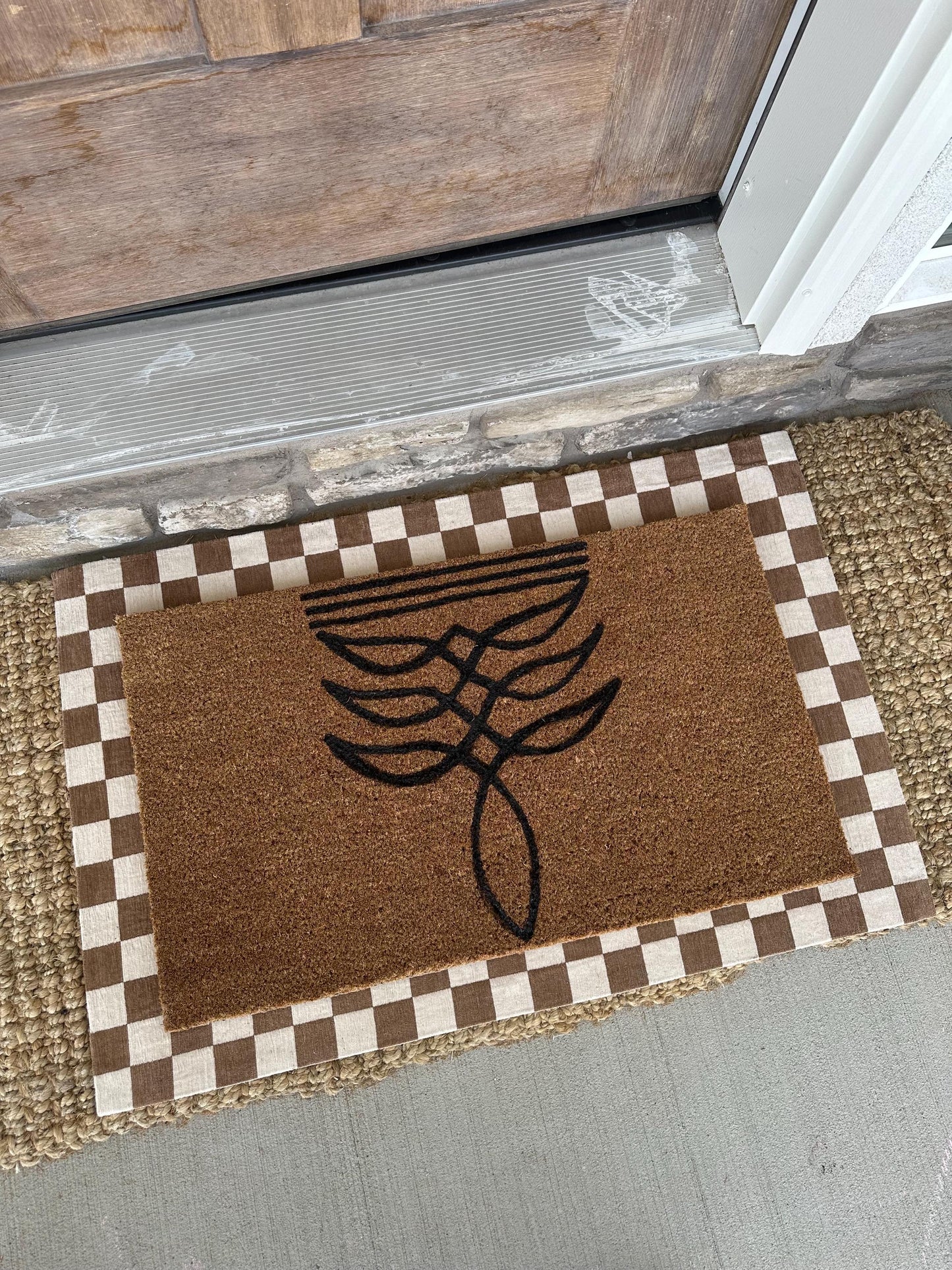 Boot Stitch Pattern Doormat | Boot Stitch Western Design | Coir Outdoor Rug | Brown & White Checkered Border | 18x30