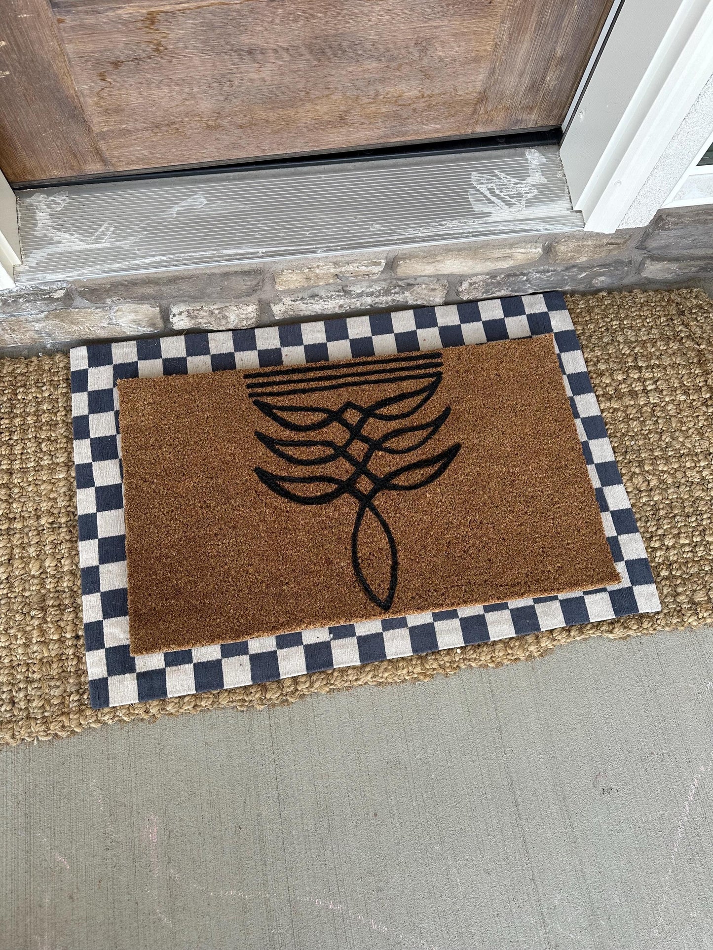 Boot Stitch Pattern Doormat | Boot Stitch Western Design | Coir Outdoor Rug | Brown & White Checkered Border | 18x30