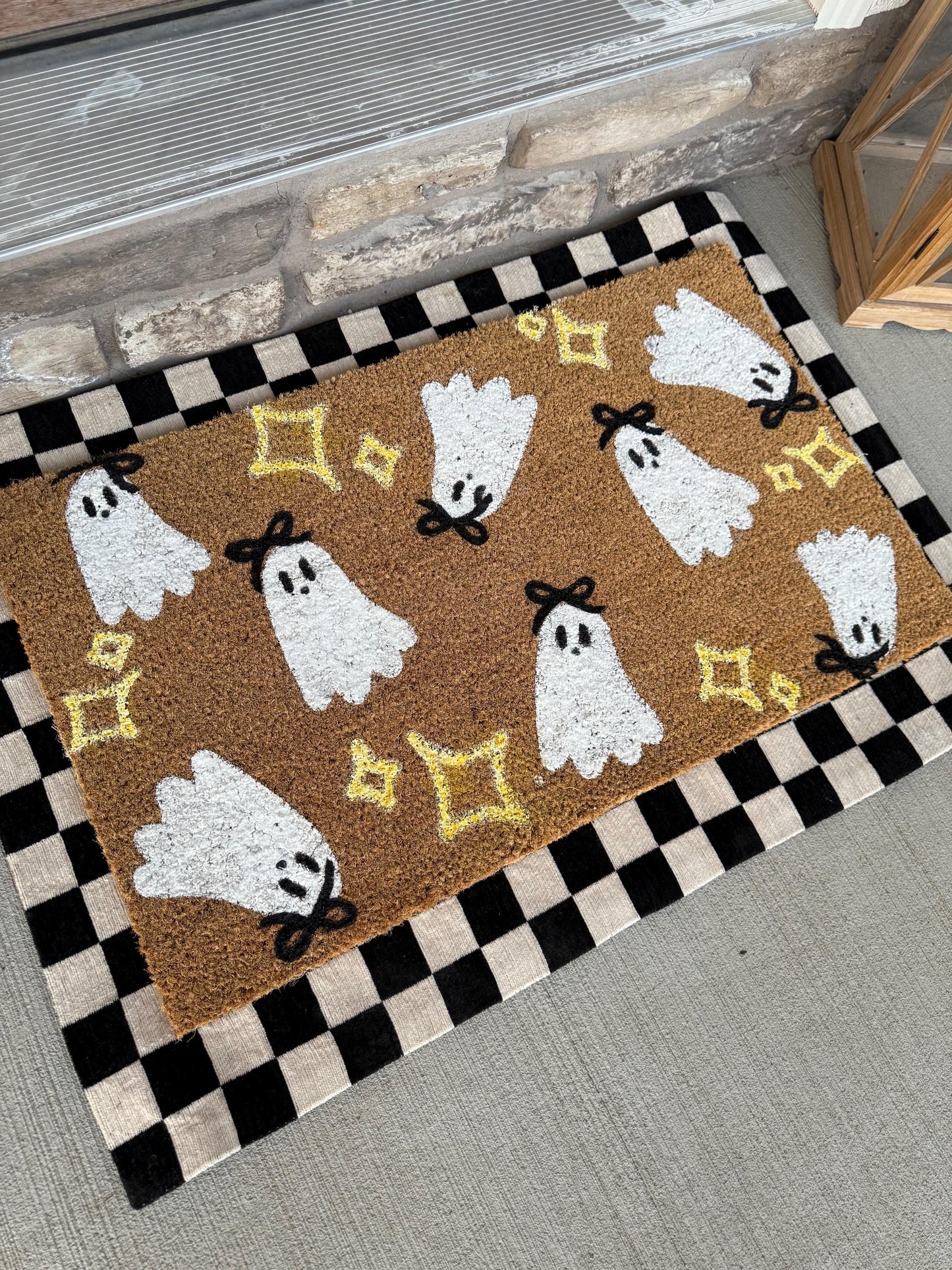 Cute ghost bows Door Mat | Halloween welcome mat | Charming retro Fall Home Decor
