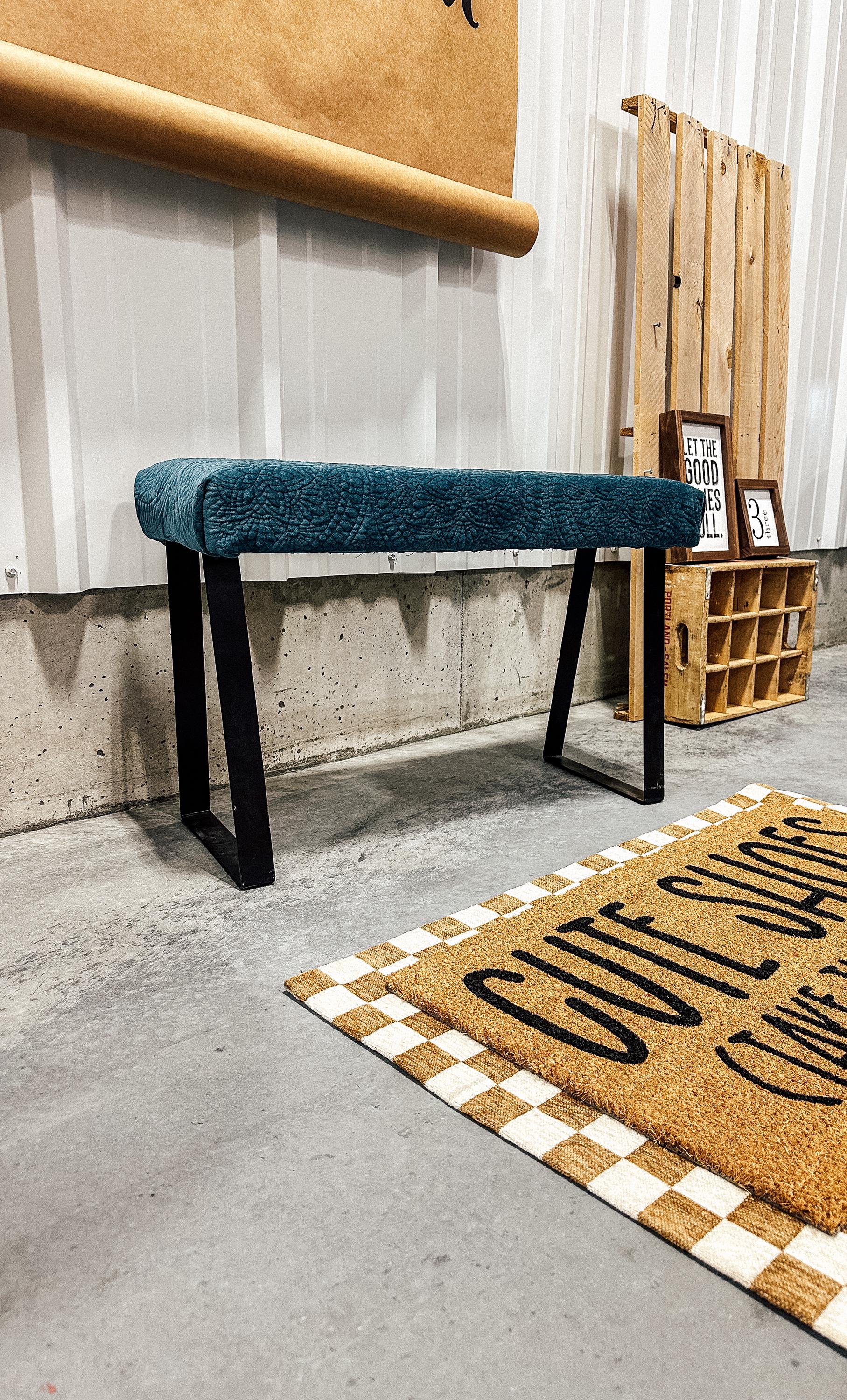 Velvet Blue Bench | Ottoman | Vanity Bench | Trapezoid Steel Legs