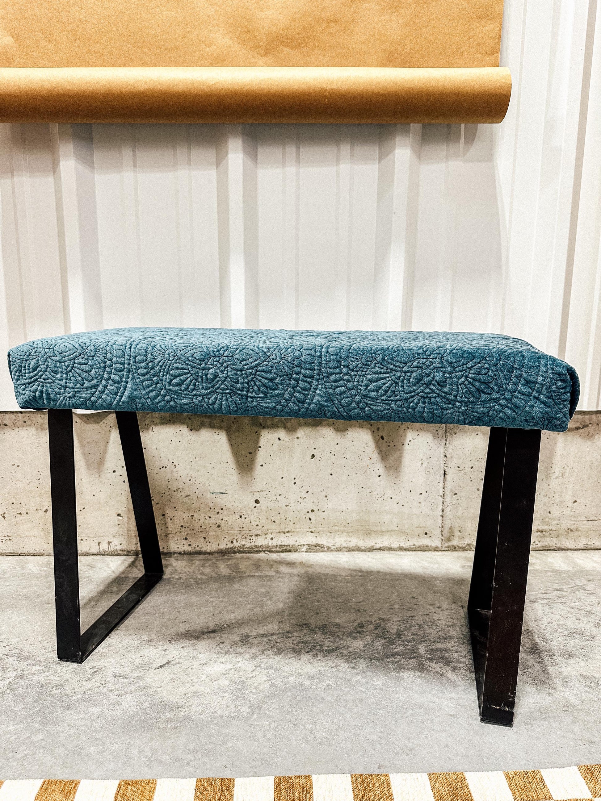 Velvet Blue Bench | Ottoman | Vanity Bench | Trapezoid Steel Legs
