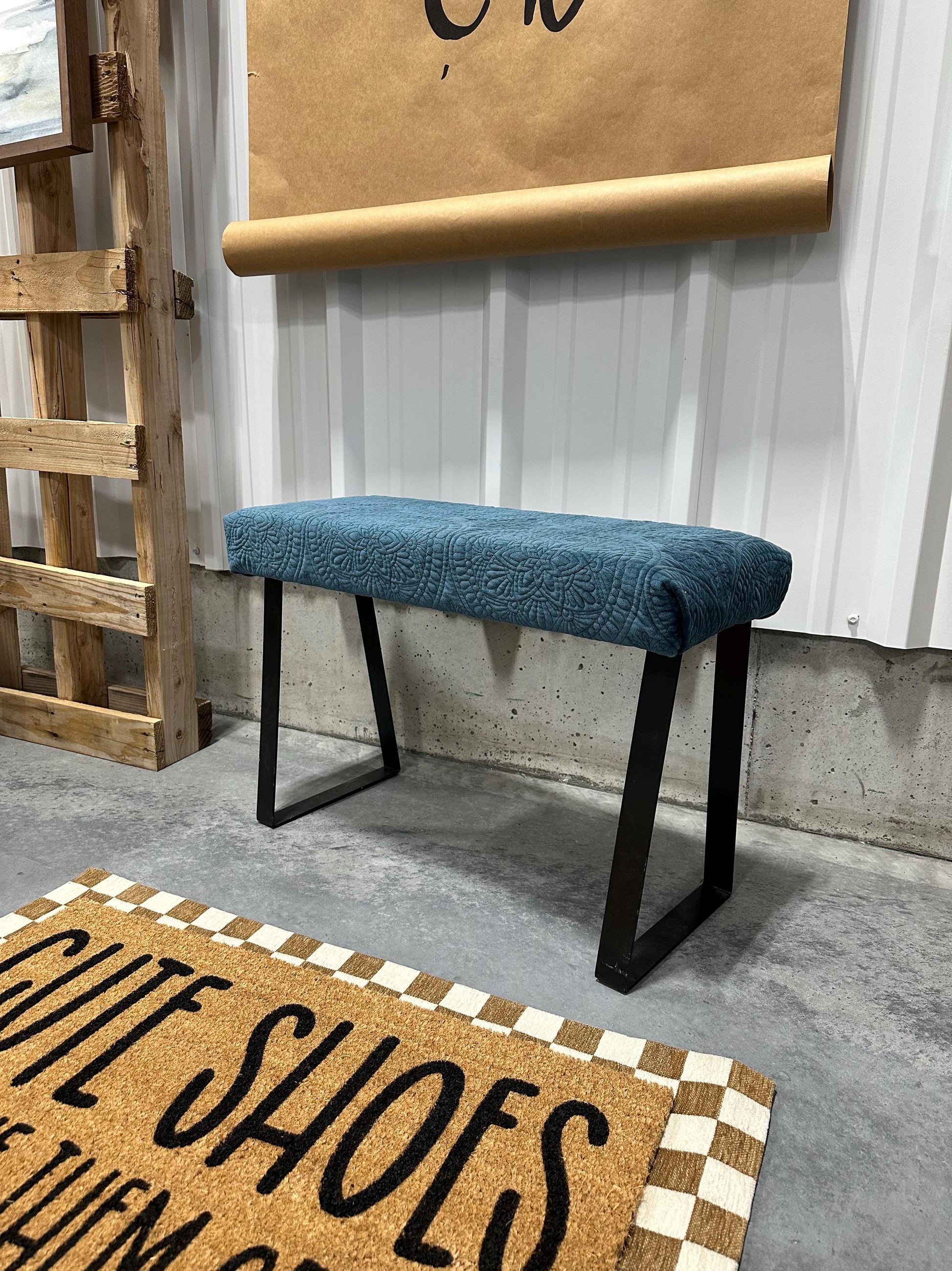 Velvet Blue Bench | Ottoman | Vanity Bench | Trapezoid Steel Legs