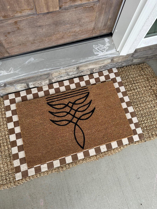 Boot Stitch Pattern Doormat | Boot Stitch Western Design | Coir Outdoor Rug | Brown & White Checkered Border | 18x30