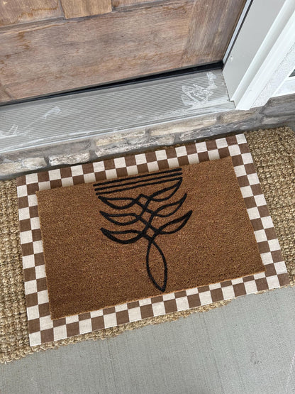 Boot Stitch Pattern Doormat | Boot Stitch Western Design | Coir Outdoor Rug | Brown & White Checkered Border | 18x30