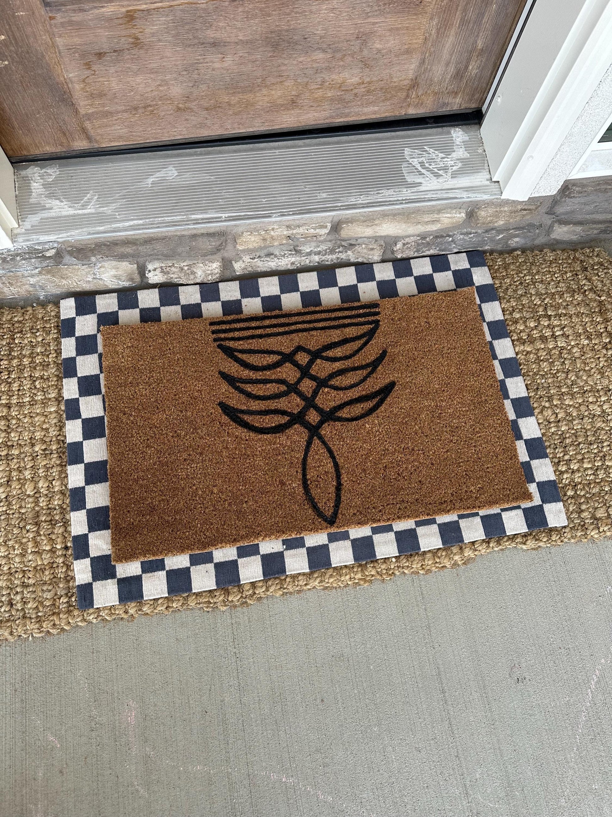 Boot Stitch Pattern Doormat | Boot Stitch Western Design | Coir Outdoor Rug | Brown & White Checkered Border | 18x30