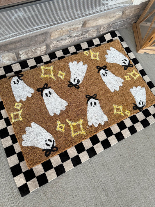 Cute ghost bows Door Mat | Halloween welcome mat | Charming retro Fall Home Decor