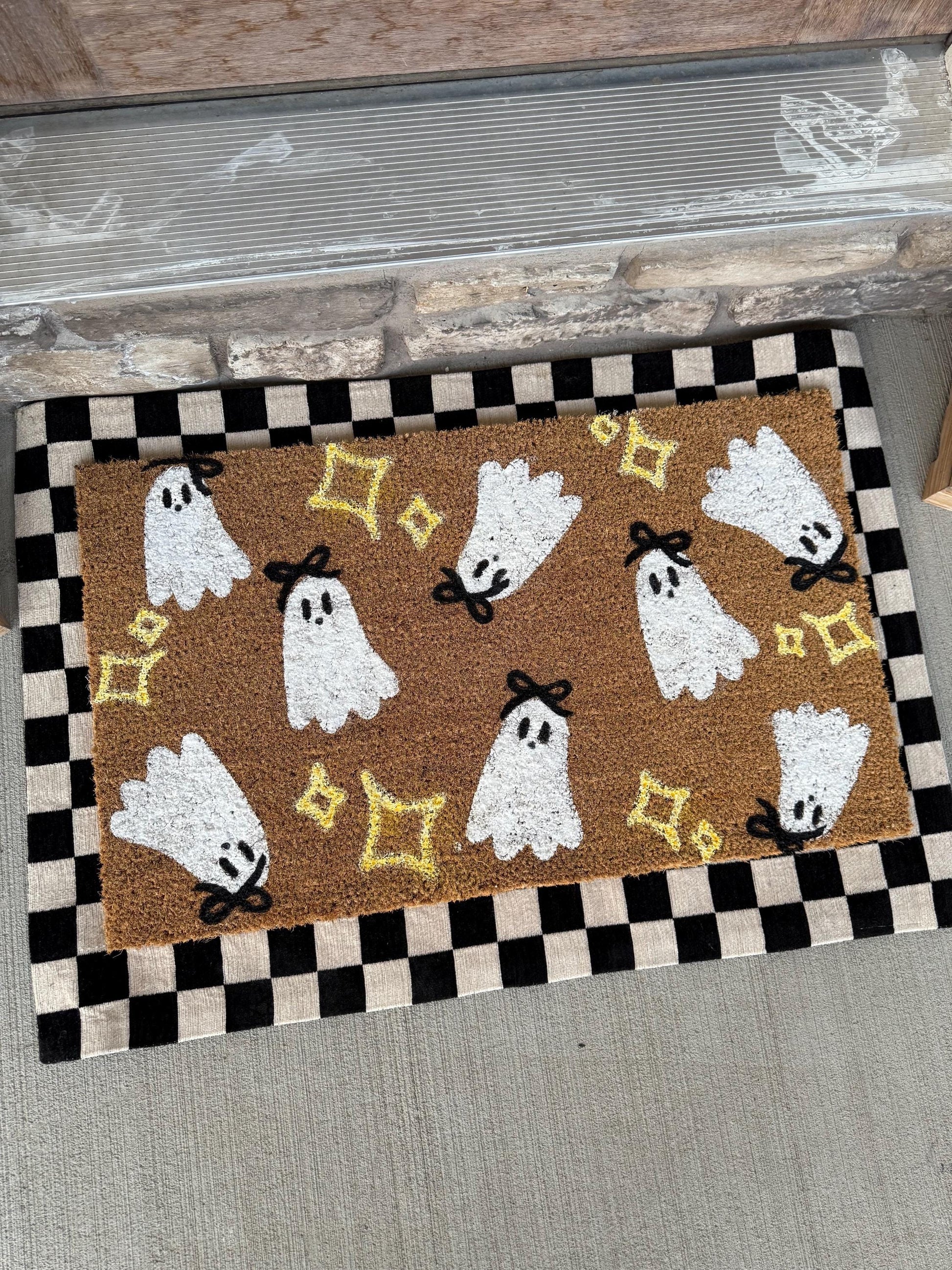 Cute ghost bows Door Mat | Halloween welcome mat | Charming retro Fall Home Decor