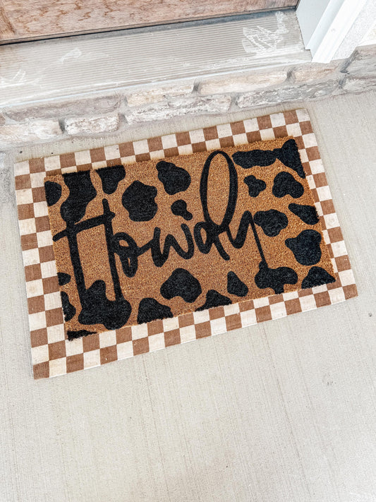 Cowprint Howdy Doormat | Cowprint pattern Rug | Custom Doormat | 18X30 Coir Mat