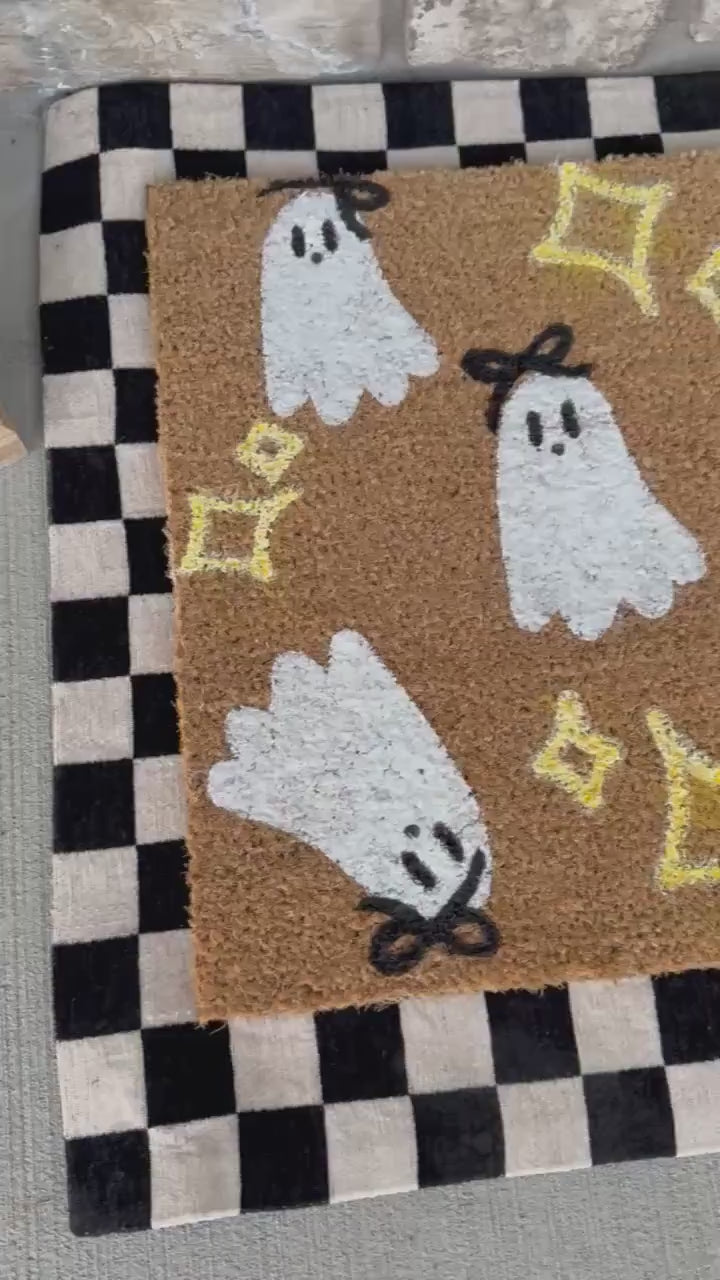 Cute ghost bows Door Mat  | Halloween welcome mat | Charming retro Fall Home Decor
