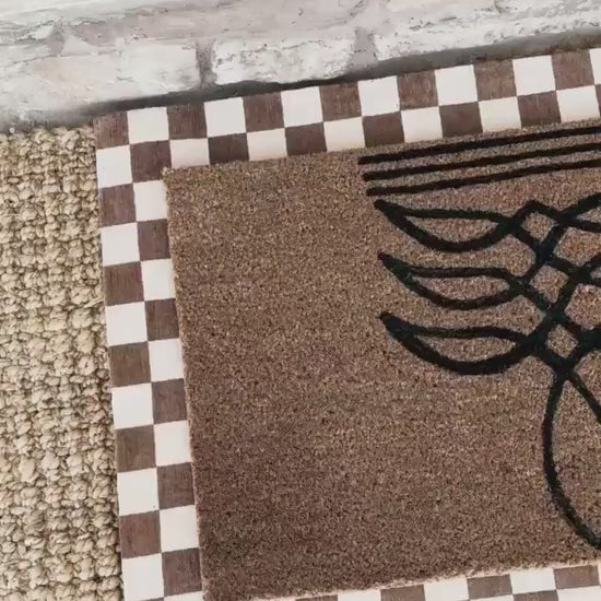 Boot Stitch Pattern Doormat | Boot Stitch Western Design | Coir Outdoor Rug | Brown & White Checkered Border | 18x30