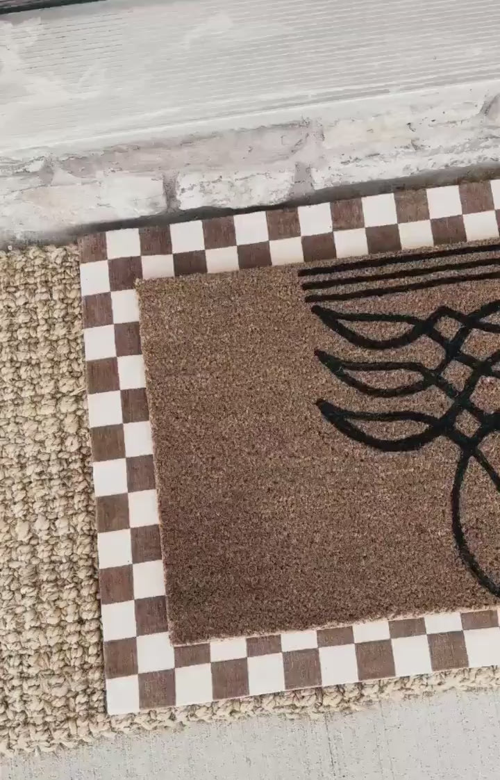 Boot Stitch Pattern Doormat | Boot Stitch Western Design | Coir Outdoor Rug | Brown & White Checkered Border | 18x30