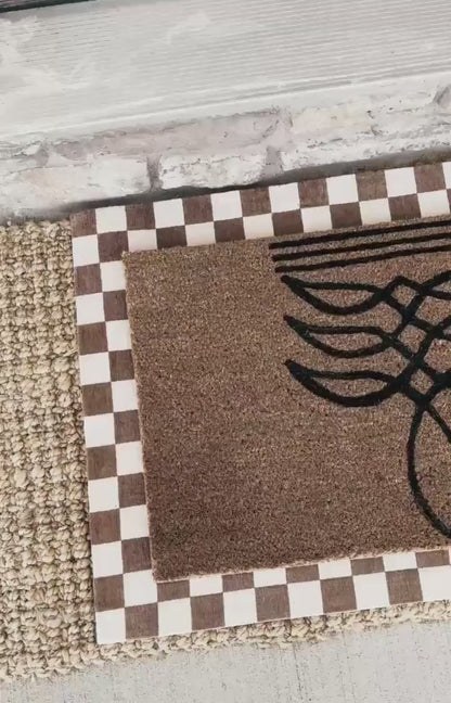 Boot Stitch Pattern Doormat | Boot Stitch Western Design | Coir Outdoor Rug | Brown & White Checkered Border | 18x30